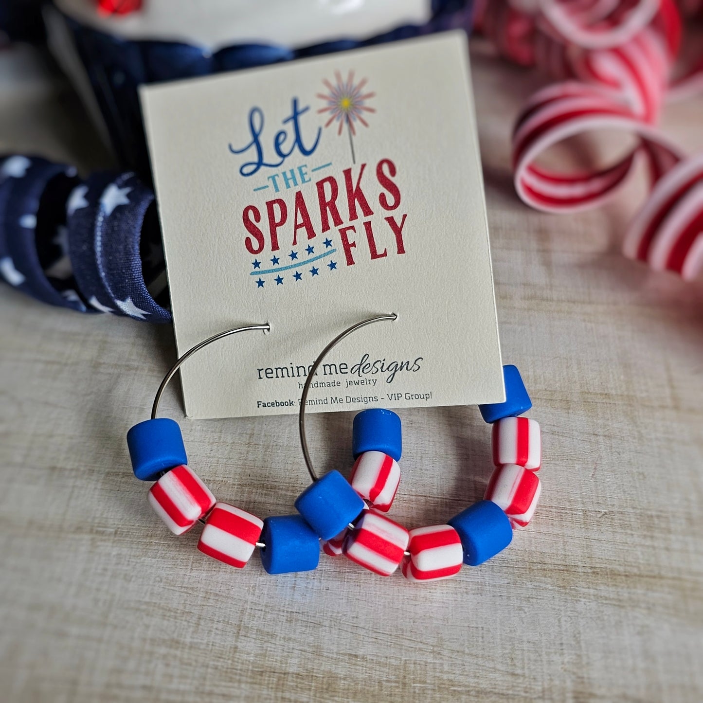Red, White and Blue Beaded Hoop Earrings