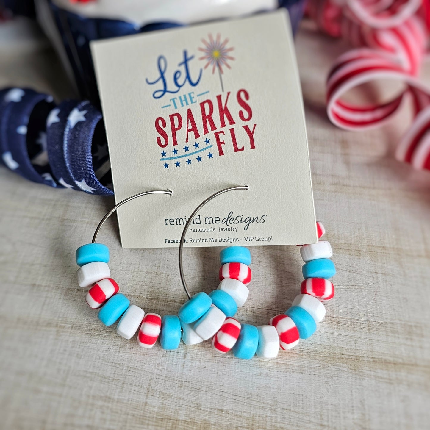 Red, White and Blue Beaded Hoop Earrings