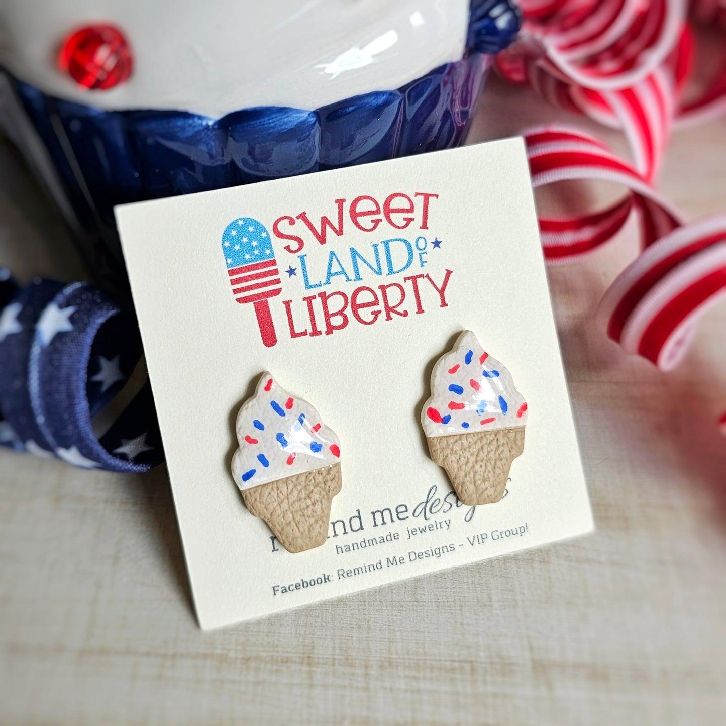 Ice Cream Cone - Red, White and Blue Clay Studs