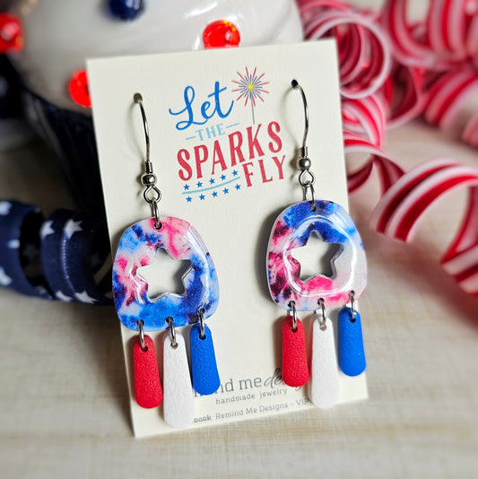 Red, White and Blue Tie-Dye Clay Dangle Earrings