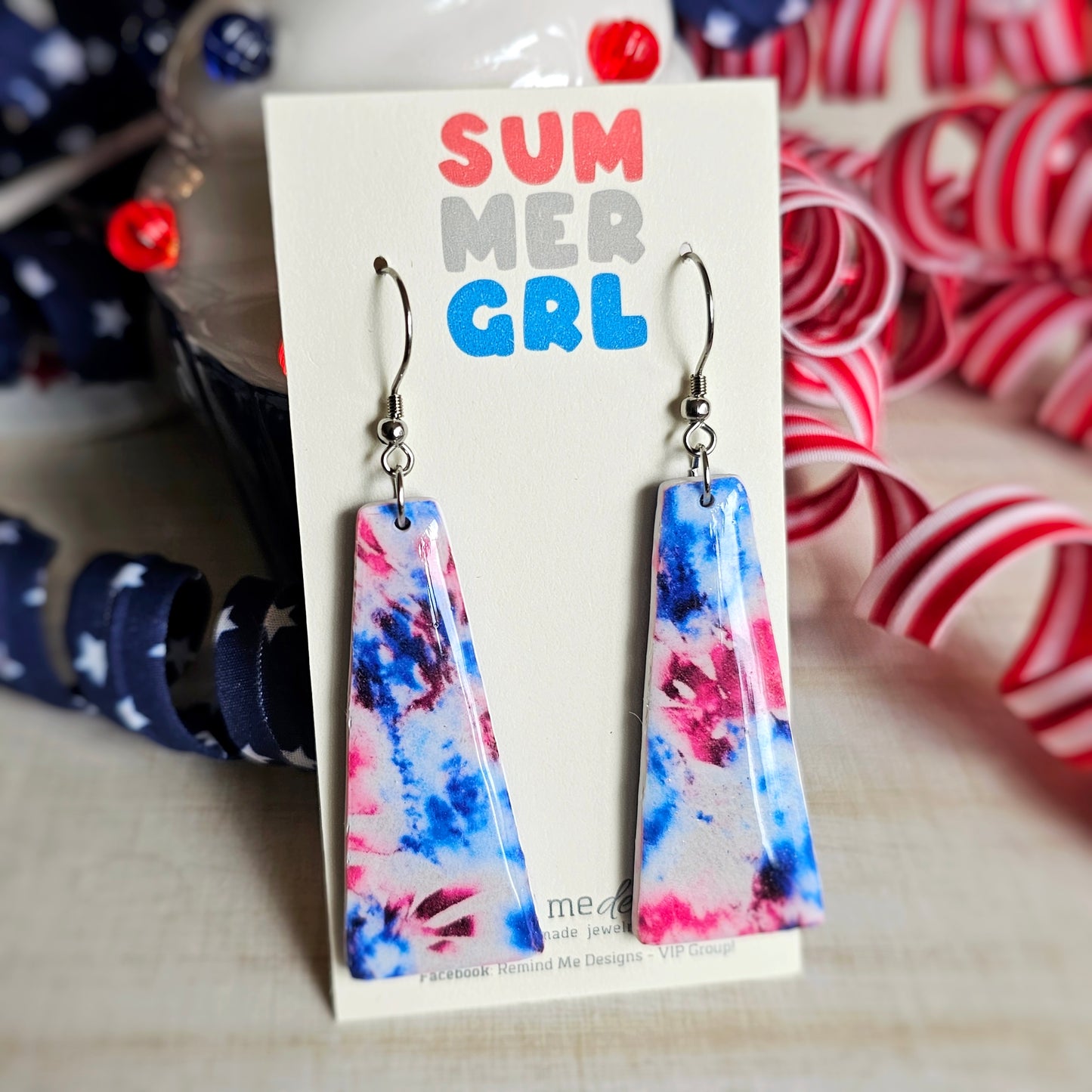 Red, White and Blue Tie-Dye Clay Dangle Earrings