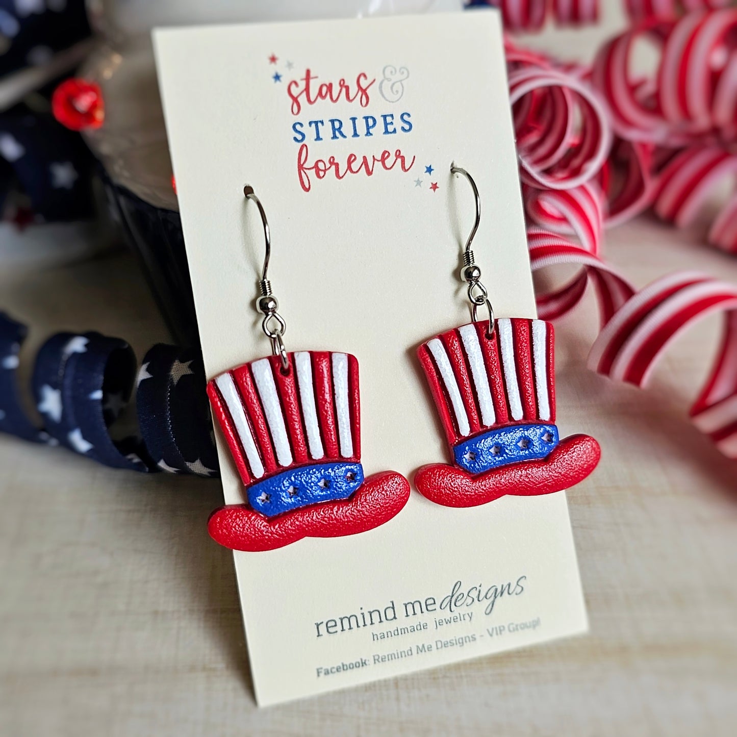 Uncle Sam Hat - Red, White and Blue Clay Dangle Earrings