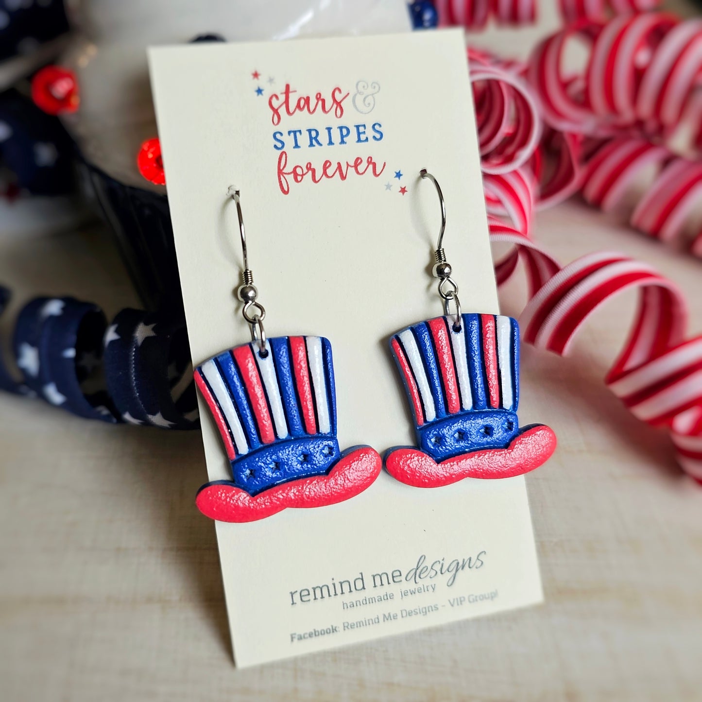 Uncle Sam Hat - Red, White and Blue Clay Dangle Earrings