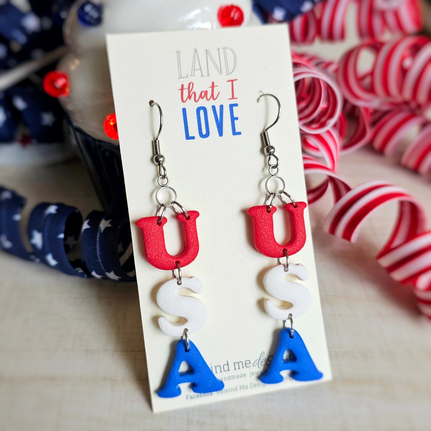 USA Red, White and Blue Clay Dangle Earrings