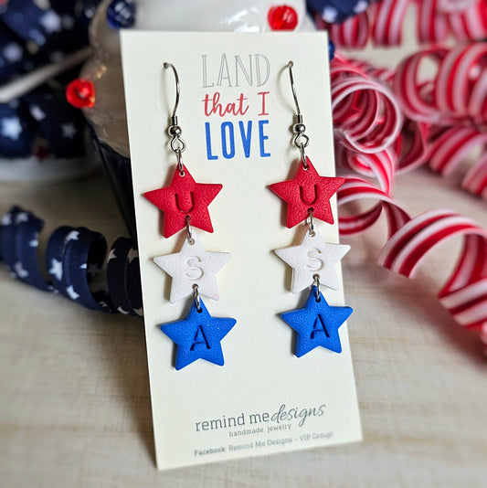 USA Stars, Red, White and Blue Clay Dangle Earrings