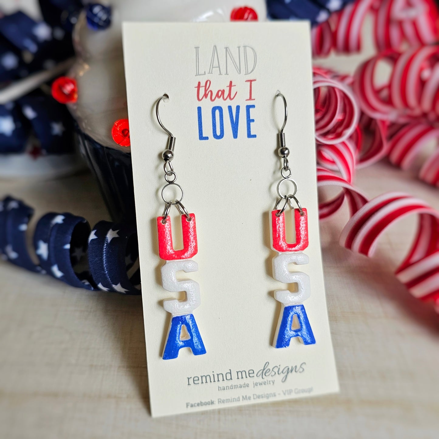 USA Red, White and Blue Clay Dangle Earrings