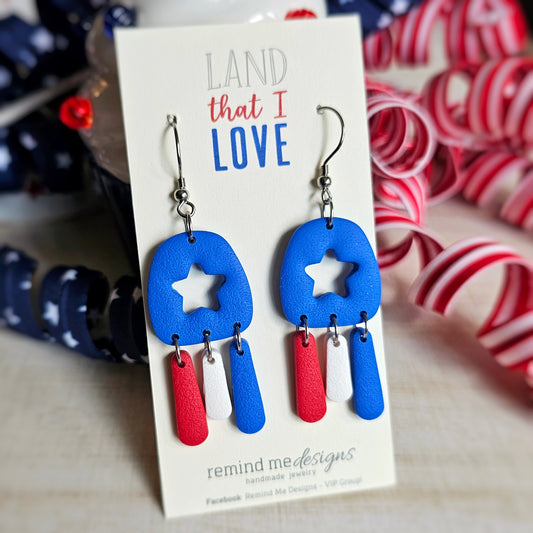Red, White and Blue Star Clay Dangle Earrings