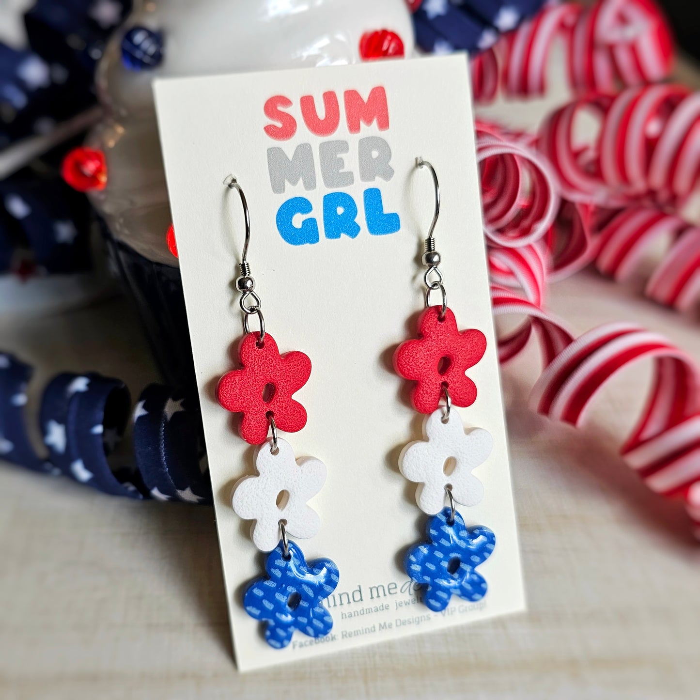 Red, White and Blue Flower Clay Dangle Earrings