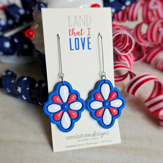 Red, White and Blue Flower Clay Dangle Earrings