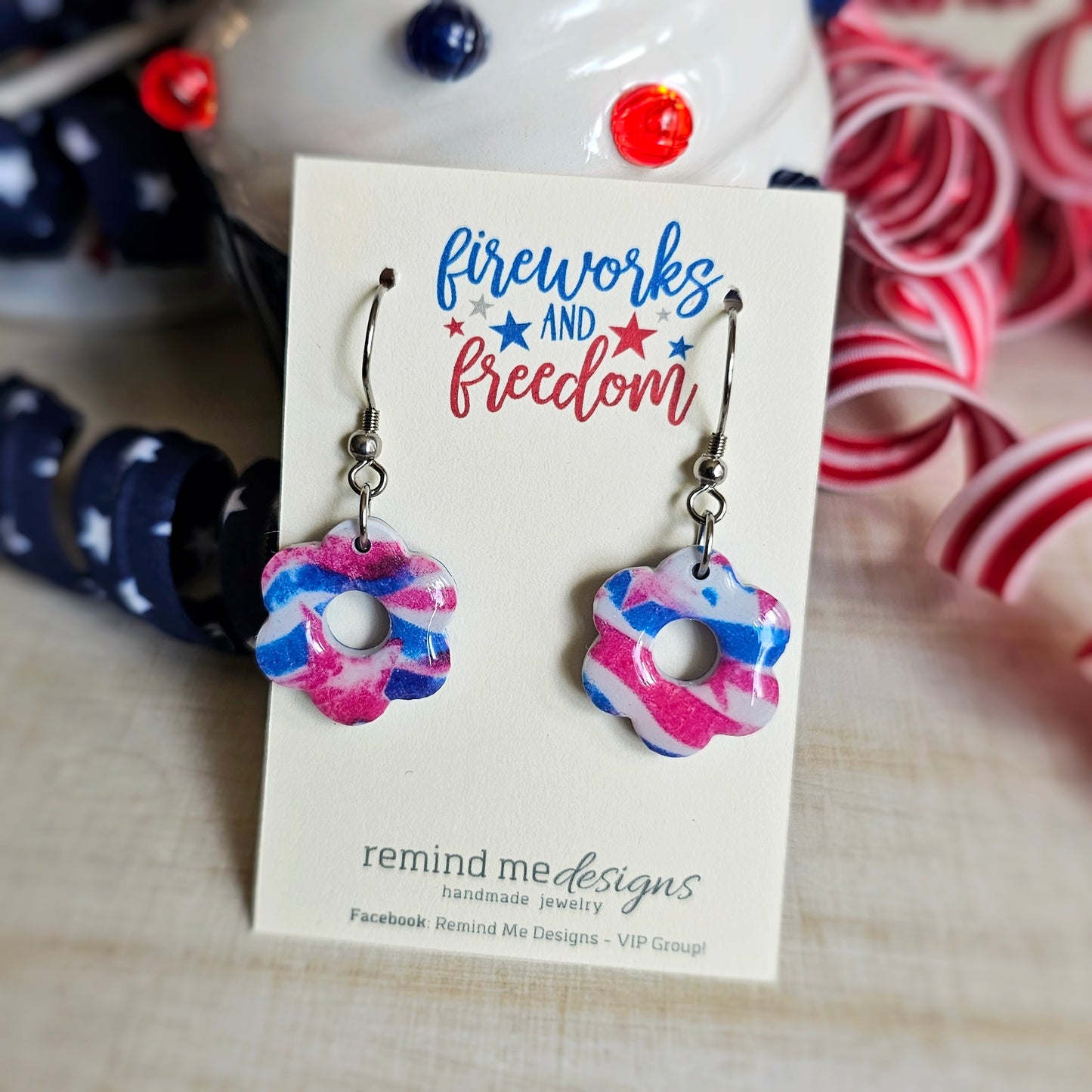 Flower, Stars and Stripes Clay Dangle Earrings