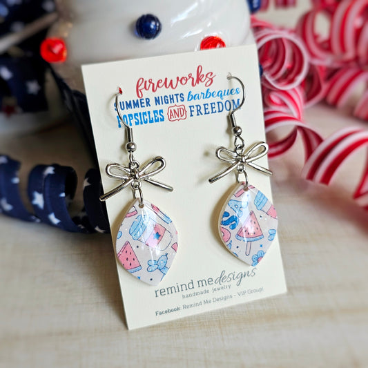 Red, White and Blue Bow Clay Dangle Earrings