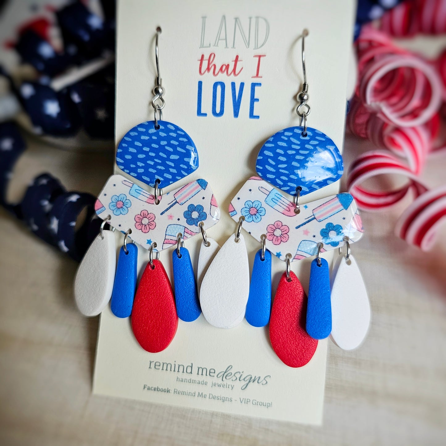 Red, White and Blue Clay Dangle Earrings