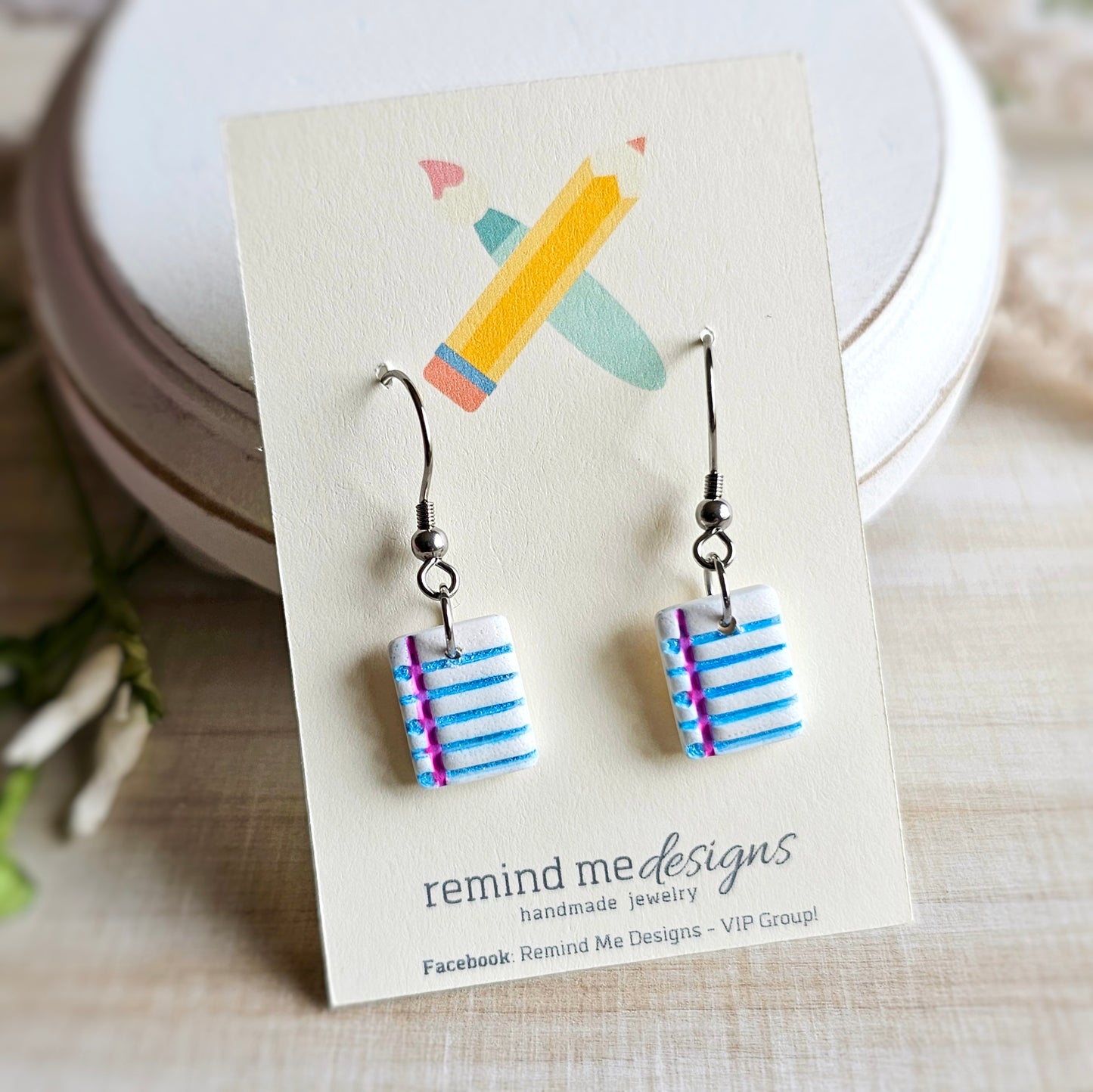 White and Blue Notebook Clay Dangles