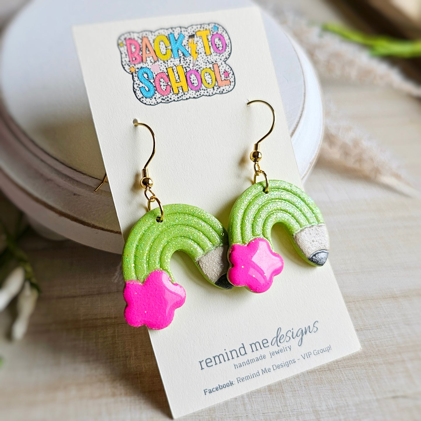 Bright Green Glitter Pencil Clay Dangles
