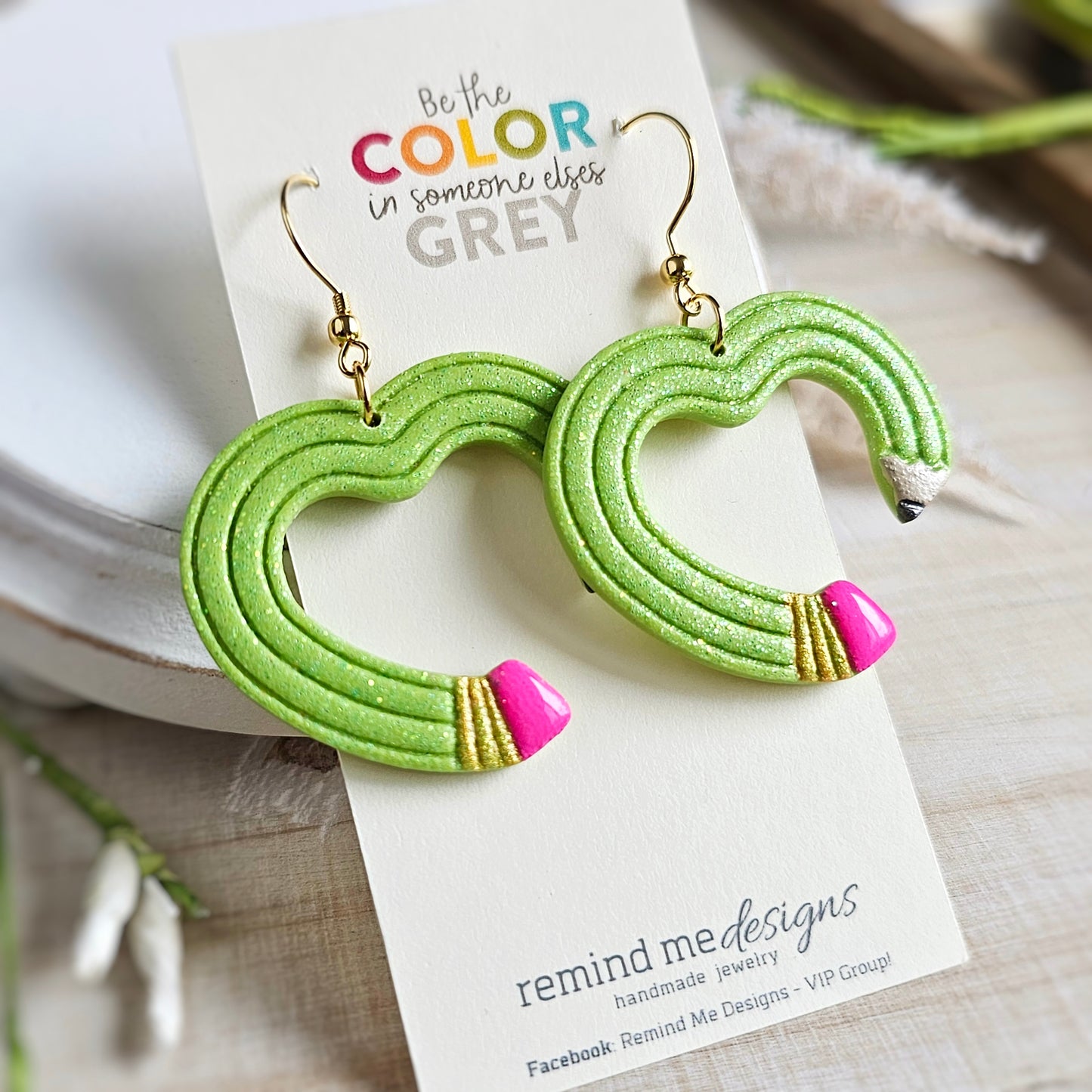 Bright Green Glitter Pencil Clay Dangles