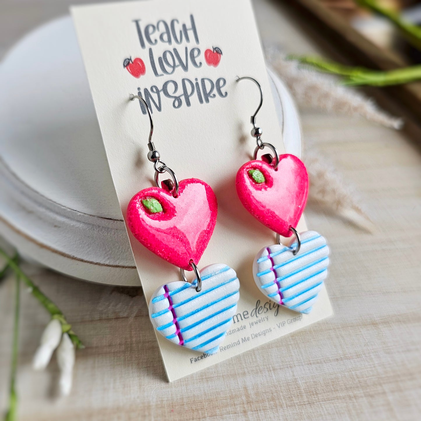 Hot Pink Glitter Apple & Heart Notebook Clay Dangles