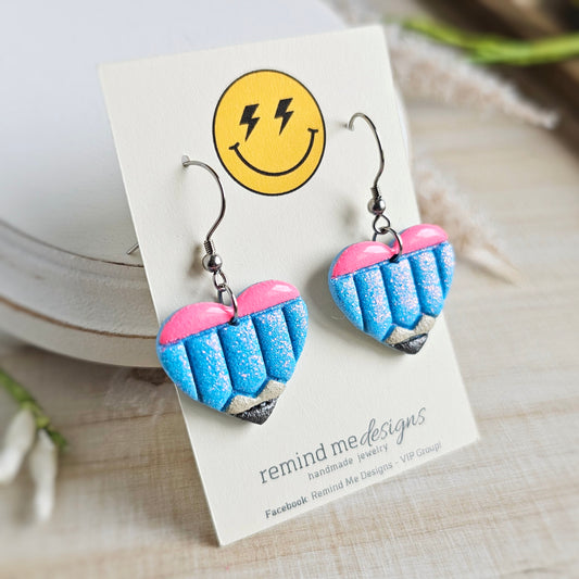 Blue Cotton Candy Glitter Heart Pencil Clay Dangle Earrings
