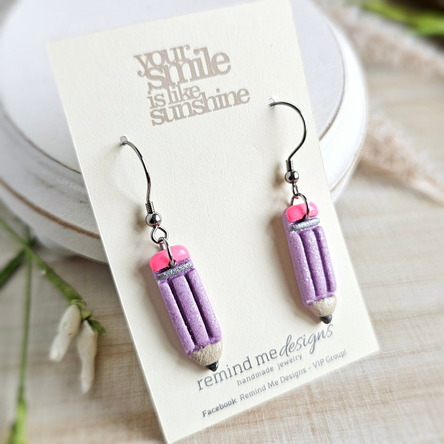 Purple Fairy Glitter Pencil Clay Dangle Earrings