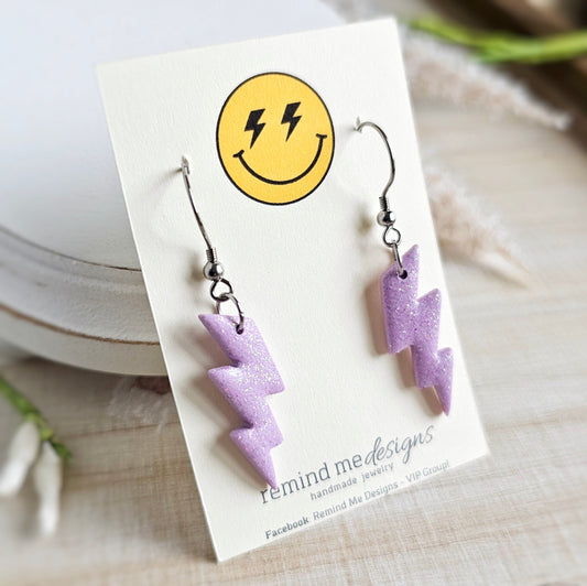 Purple Fairy Glitter Lightning Bolt Clay Dangle Earrings