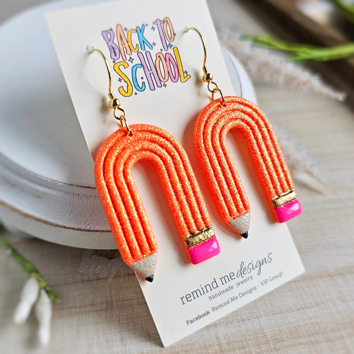 Bright Orange Glitter Pencil Clay Dangle Earrings