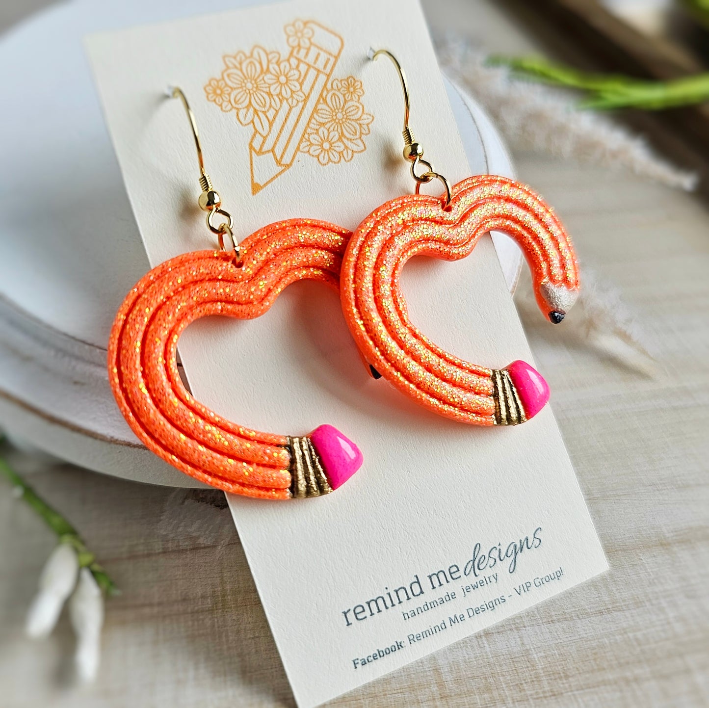 Bright Orange Glitter Pencil Clay Dangle Earrings