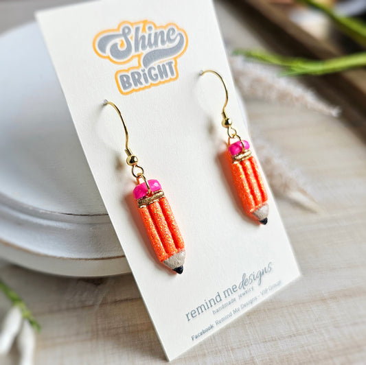 Bright Orange Glitter Pencil Clay Dangle Earrings