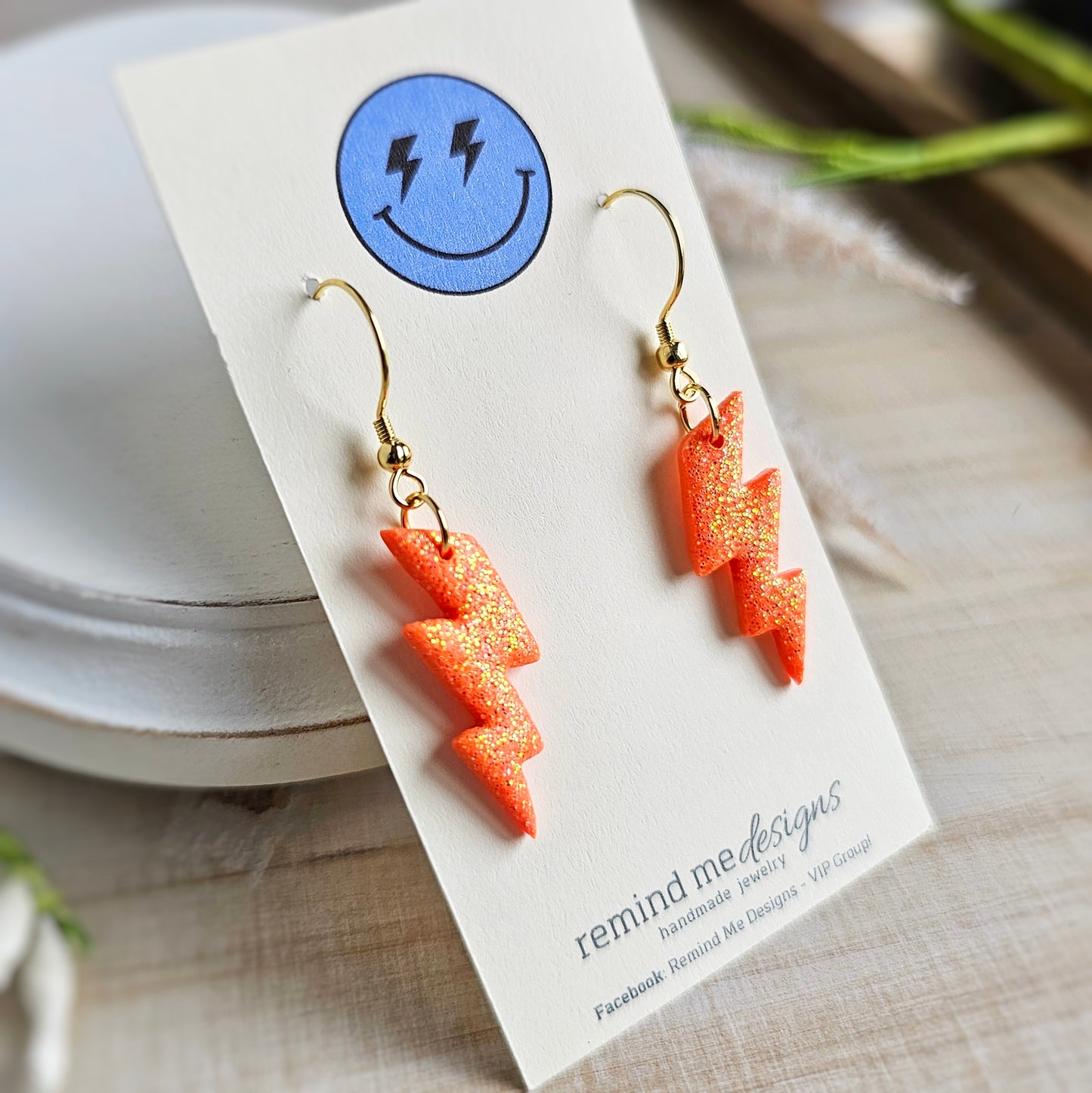 Bright Orange Glitter Lightning Bolt Dangles