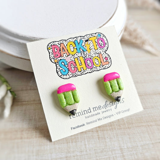 Bright Green Glitter Pencil Clay Stud Earrings