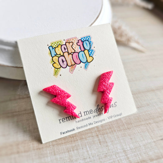 Hot Pink Glitter Lightning Bolt Polymer Clay Studs