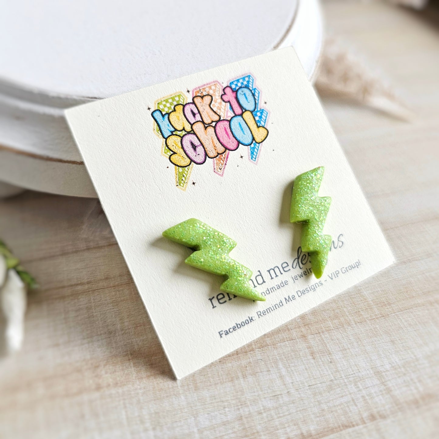 Bright Green Glitter Lightning Bolt Polymer Clay Studs