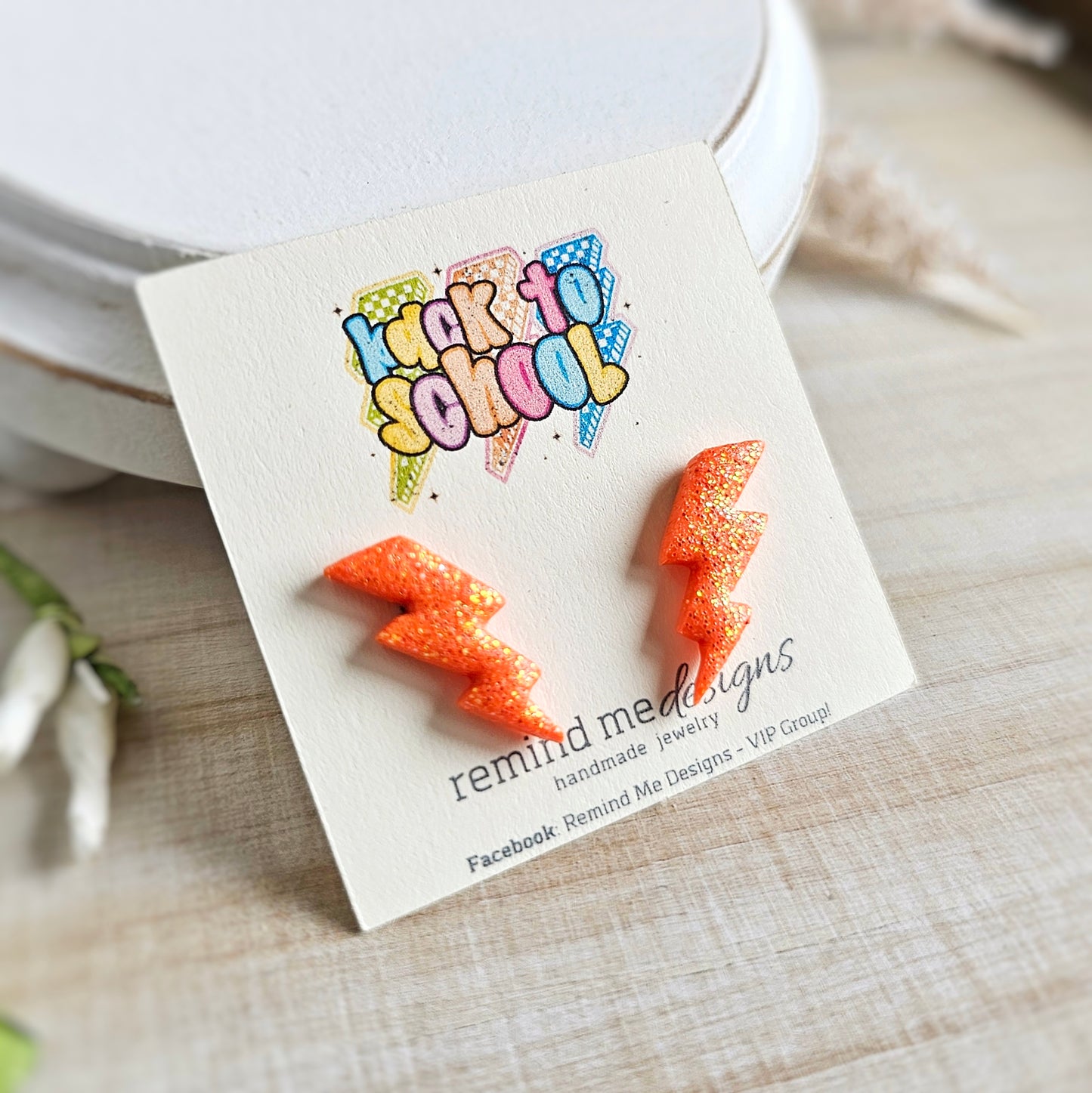 Orange Glitter Lightning Bolt Polymer Clay Studs