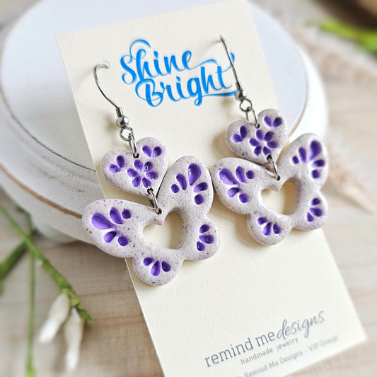 Purple Butterfly Cream Granite Clay Dangle Earrings