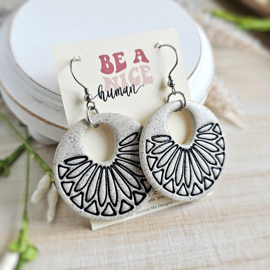 Cream Granite & Black Lined Clay Dangle Earrings