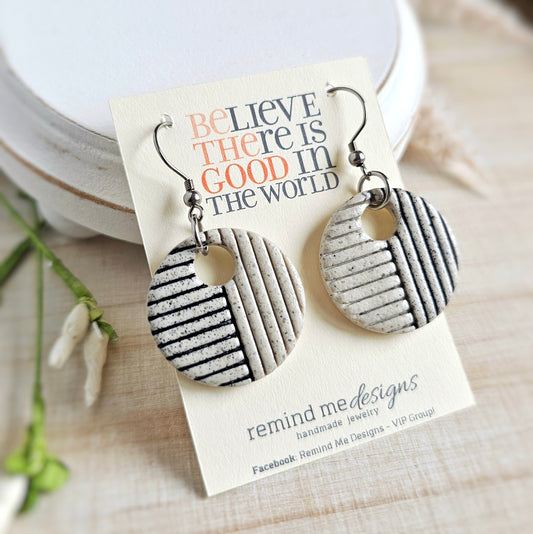 Cream Granite & Black Lined Clay Dangle Earrings