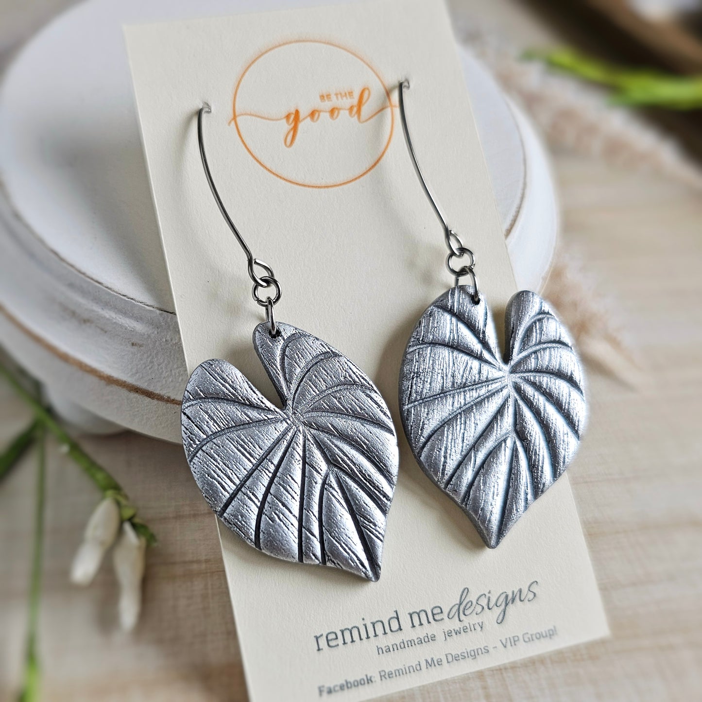 Silver Leaf Polymer Clay Dangle Earrings