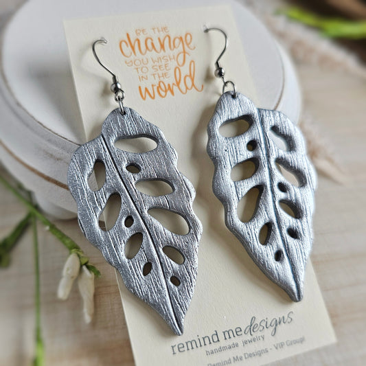 Silver Leaf Polymer Clay Dangle Earrings