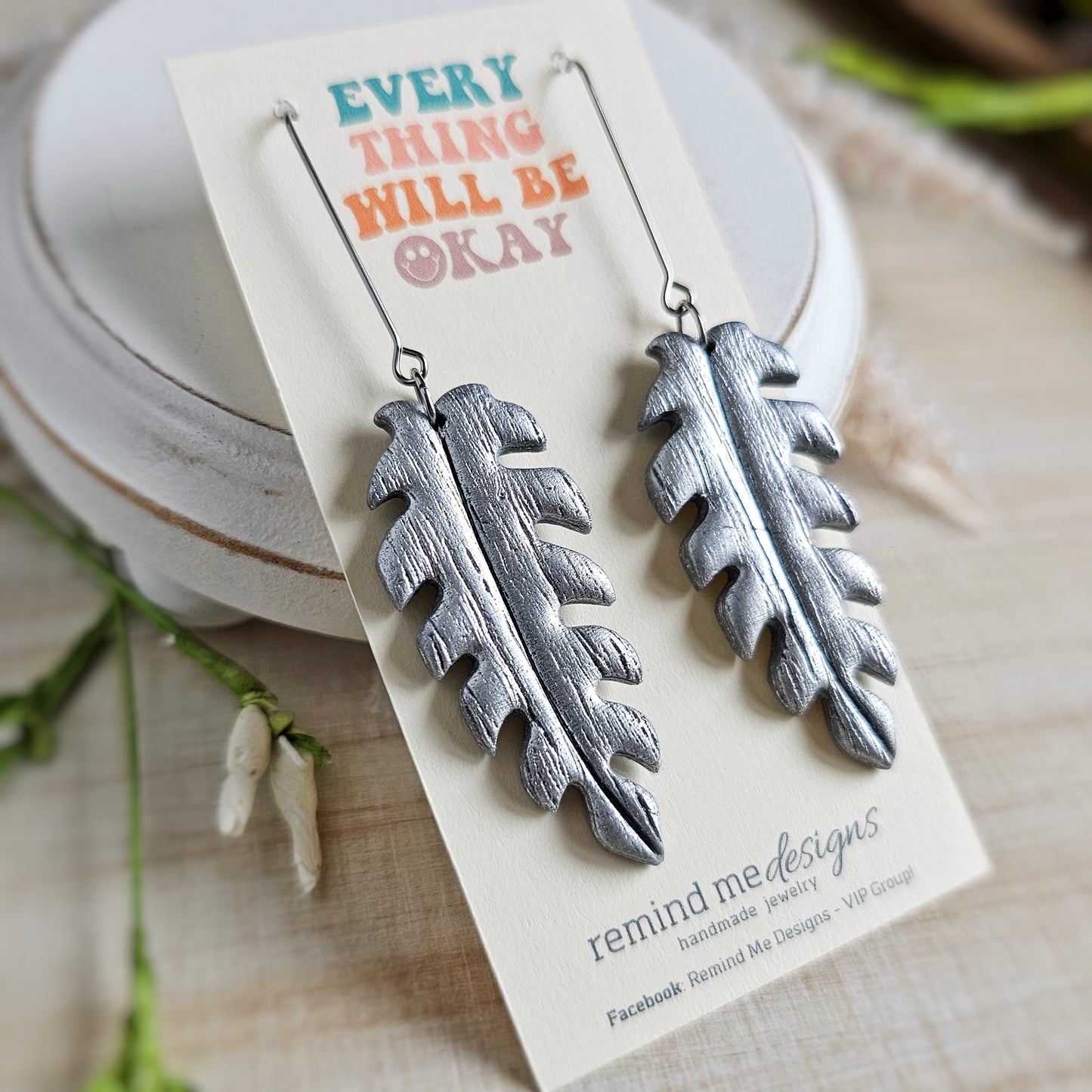 Silver Leaf Polymer Clay Dangle Earrings