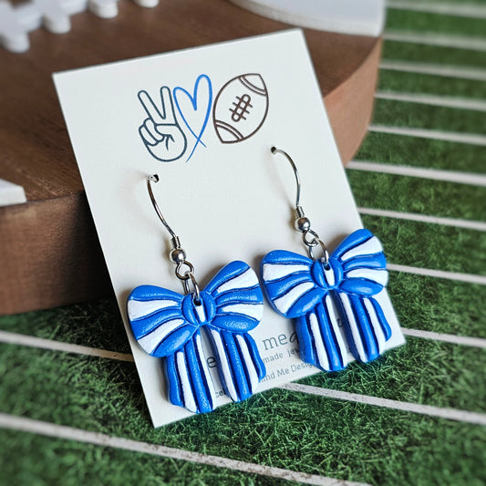 Blue and White Bow Clay Dangle Earrings
