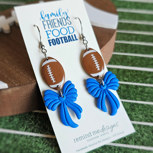 Brown Football with Blue Bow Clay Dangle Earrings