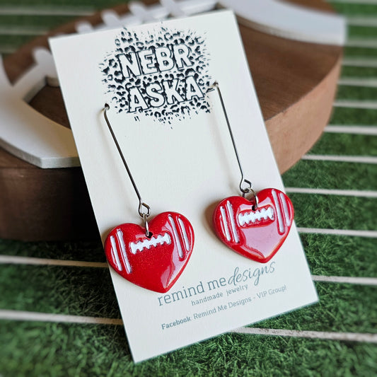 Red and White Football Heart Clay Dangle Earrings