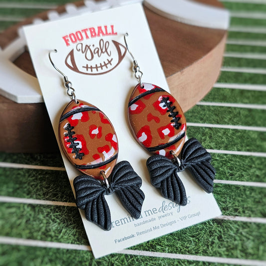 Brown Football with Black Bow Clay Dangle Earrings