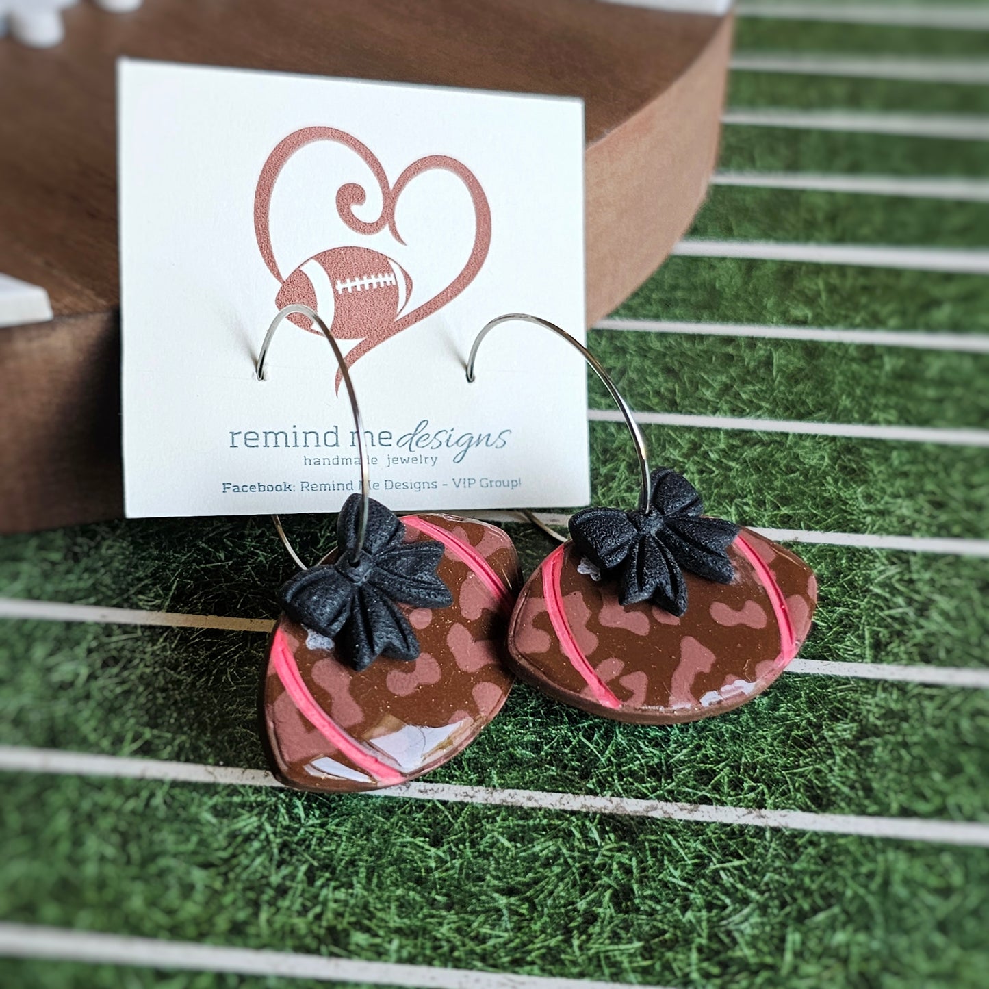 Brown Football with Black Bow Clay Dangle Earrings