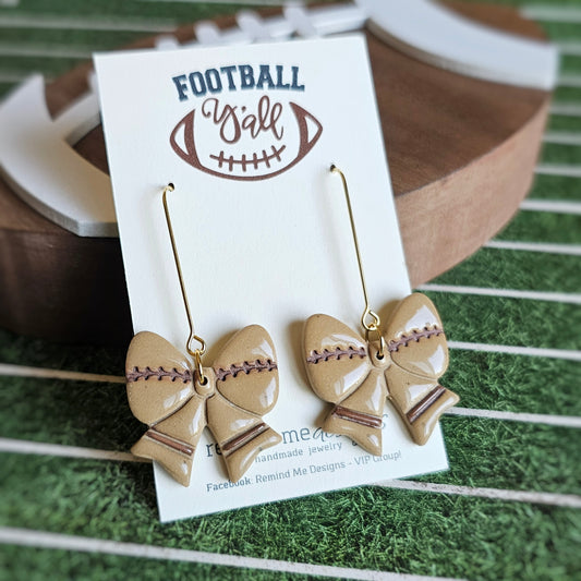 Light Brown Football Bow Clay Dangle Earrings