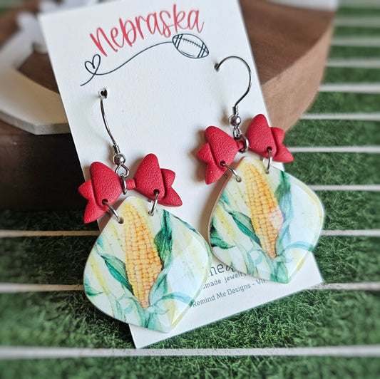 Nebraska Corn and Red Bow Clay Earrings