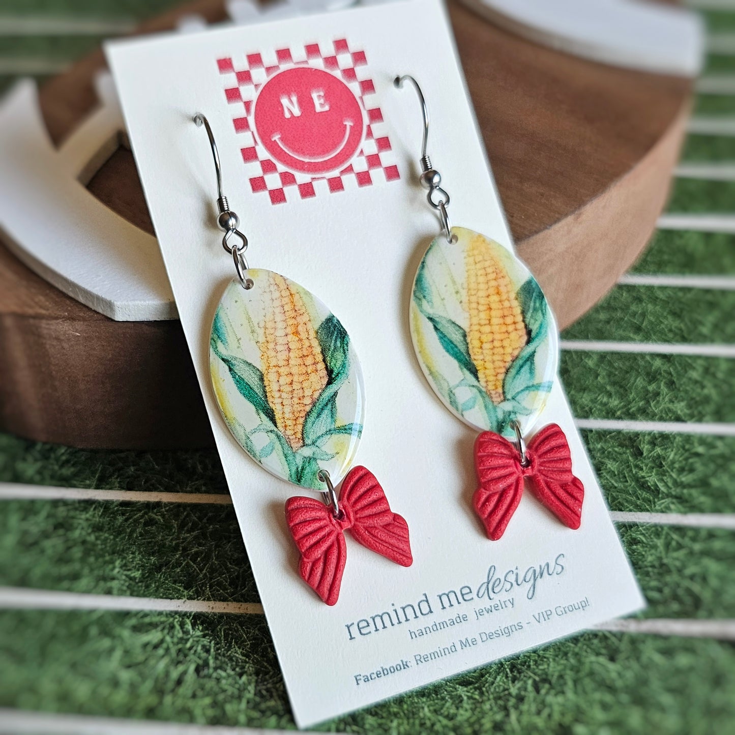 Nebraska Corn and Red Bow Clay Earrings
