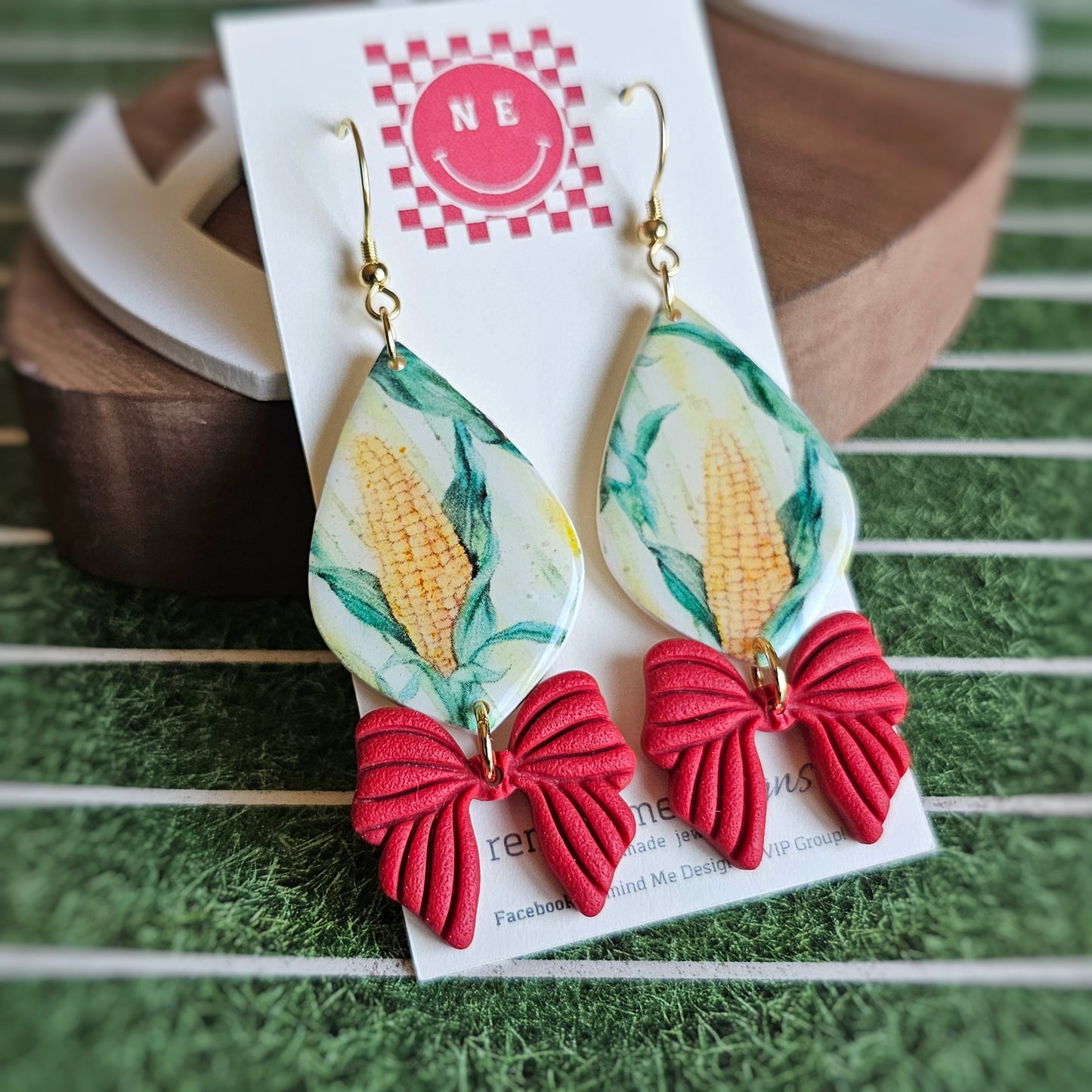 Nebraska Corn and Red Bow Clay Earrings