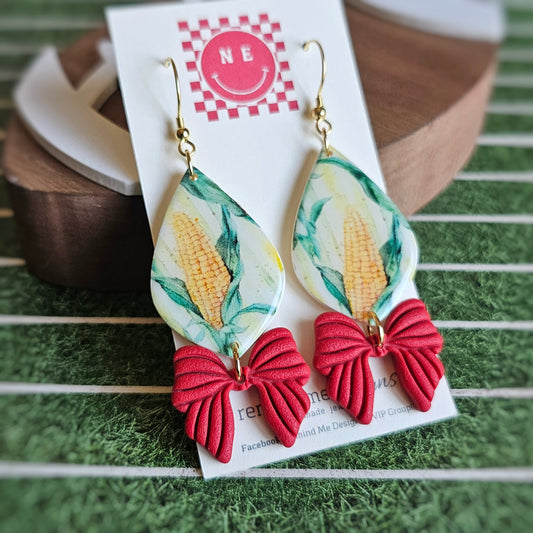 Nebraska Corn and Red Bow Clay Earrings