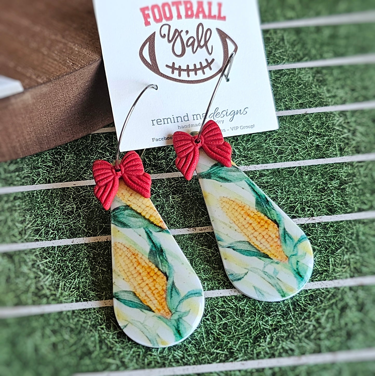 Nebraska Corn and Red Bow Clay Earrings