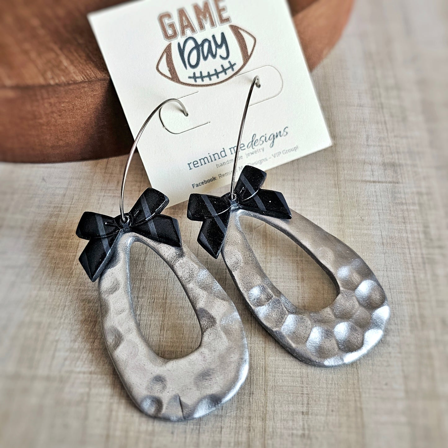 Black Bow and Silver Teardrop Dangle Clay Earrings