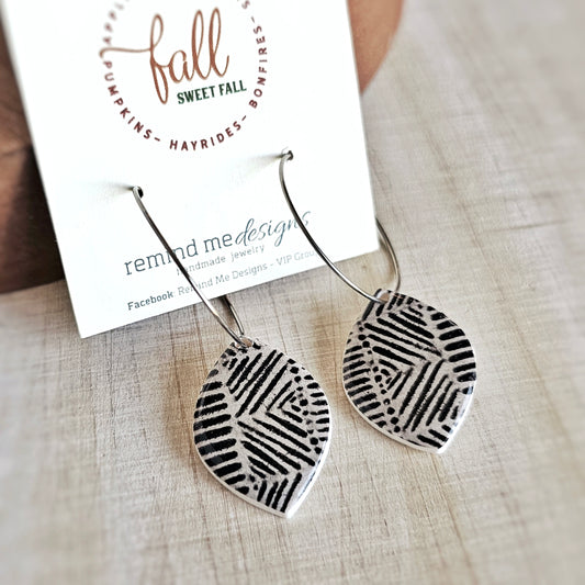 Black and Cream Dangle Clay Hoop Earrings